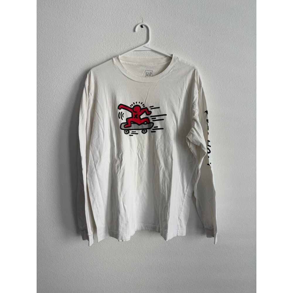 Gap x Keith Haring Long Sleeve Graphic T-Shirt White Pop Art Skateboarder Mens M